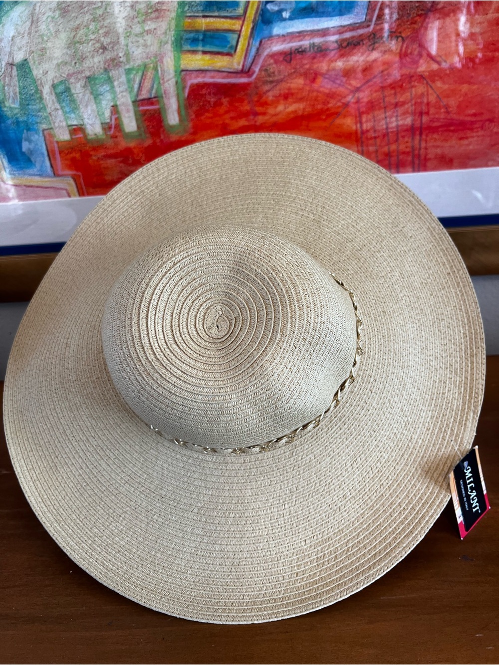 MILANO Italian Design Wide Brim Straw Sun Hat UPF 50+ Gold Chain Tan NWT - Picture 3 of 6